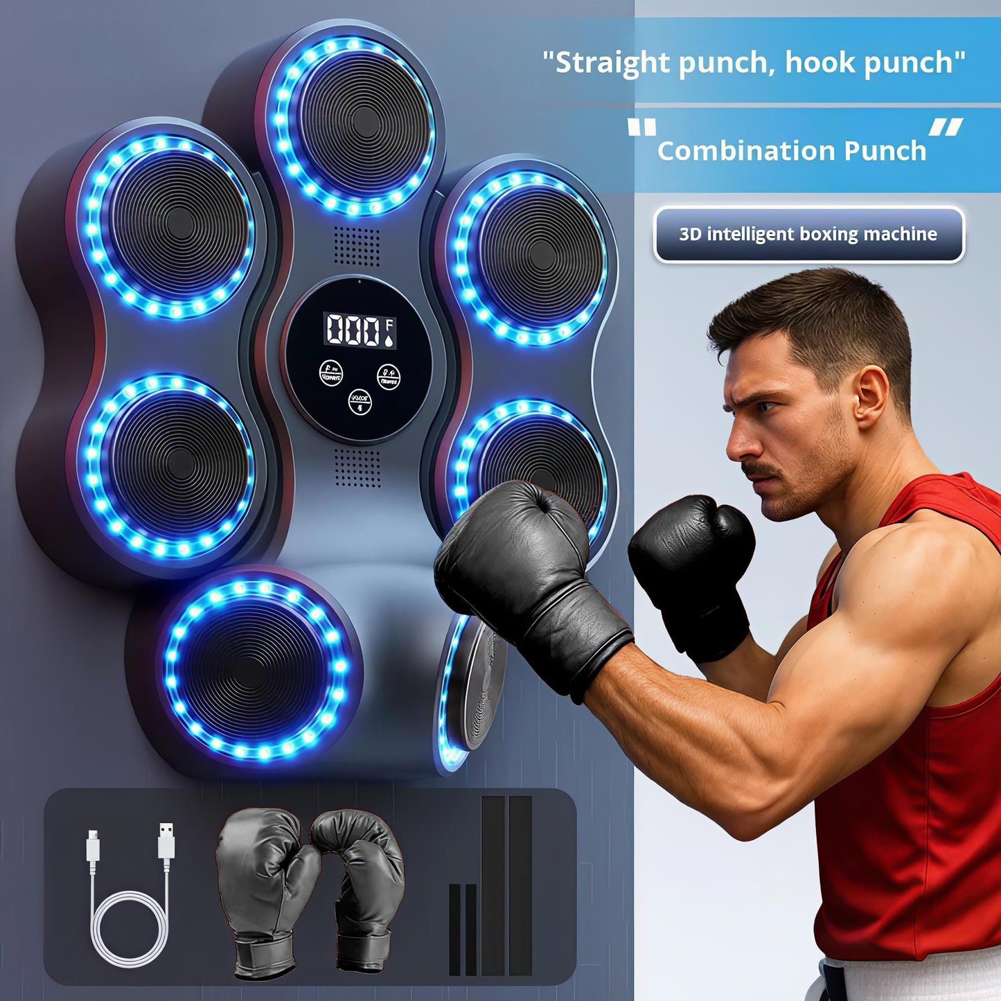 Music Boxing Machine with Gloves, Wall Mounted Punching Trainer with LED Light Up Targets, Bluetooth Rhythm Reaction Training Pad, 11 Modes & 9 Speeds for Adults & Kids Home Fitness & Stress Relief
