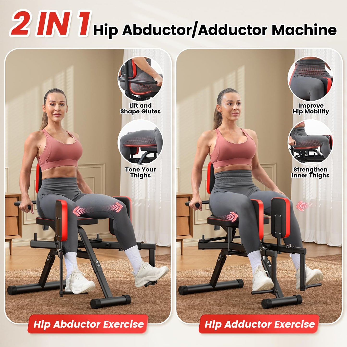 2-in-1 Hip Abductor & Adduction Machine for Home Gym, Glute Machine & Thigh Workout Equipment with 6-Level Resistance and Enlarged Padding Seat, Compact Leg Exercise Euipment for Women & Men (Black)
