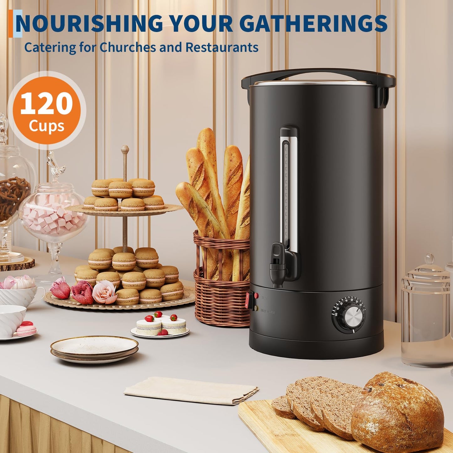 PioneerWorks 18 L/120 Cups Coffee Urn, Double-Wall Stainless Steel Coffee Maker Hot Water Urn, Large Capacity Hot Coffee Dispenser, Quick Brew, Stays Hot for Tea & Beverage at Events & Catering
