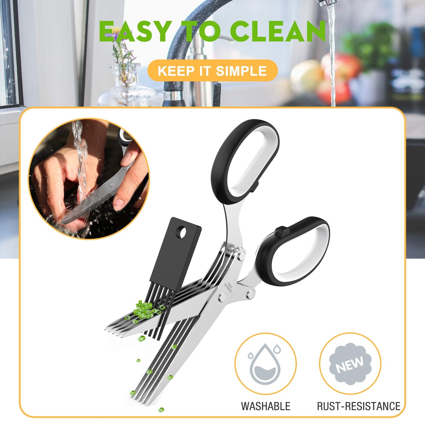 Herb Scissors with 5 Blades and Cover, Kitchen Herb Cutter with Cleaning Comb, Stainless Steel Multi Blade Herb Shears for Basil Parsley Cilantro, Easy Clean Cooking Tool, Unique Kitchen Gadgets Gift