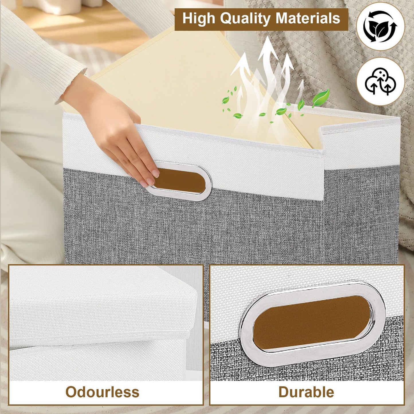 Yawinhe Fabric Storage Bins with Lids, Decorative Boxes with 2 Metal Handles, Waterproof Cube Organizer Basket, Closet Containers, White/Gray, 17.3''Lx11.8''Wx11.8''H, 5-Pack