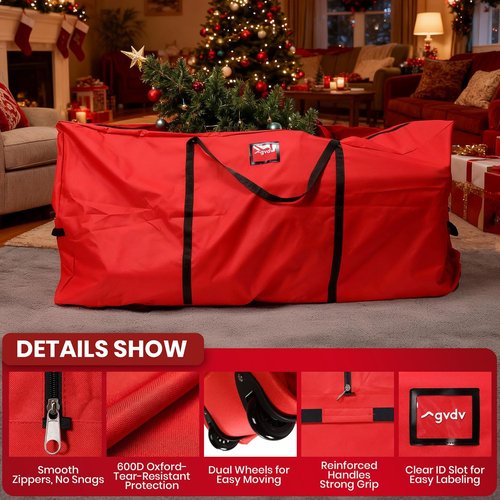 GVDV Christmas Tree Storage Bag - Waterproof 600D Oxford Canvas for 7.5 Ft Trees | Heavy-Duty with Wheels & Handles, Red