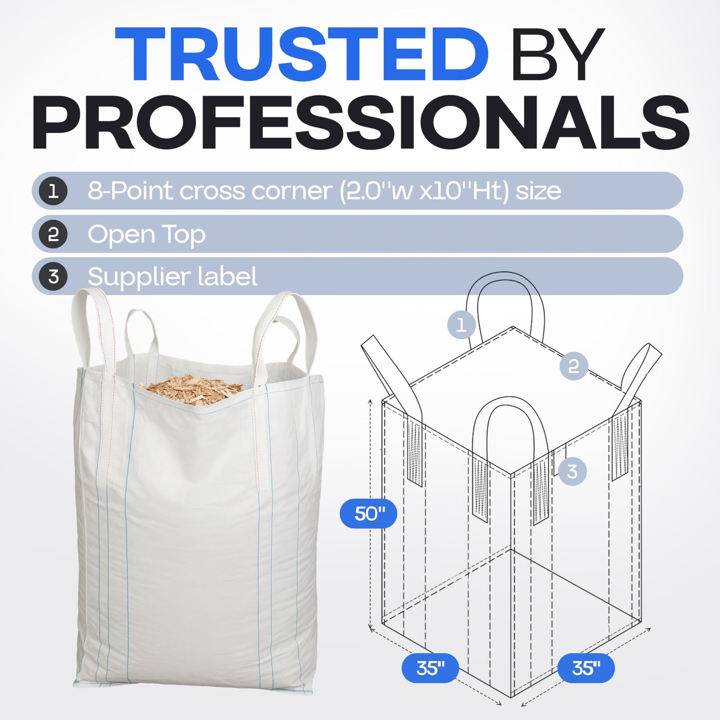Bulk Construction Bags 35"Lx35"Wx50"H, 5-Pack - USA-Made Open Top, Flat Bottom Bulk Bags 2200 lbs Load Capacity - Heavy-Duty Super Sack for Handling Sand, Gravel & Demolition Debris by IDL Packaging