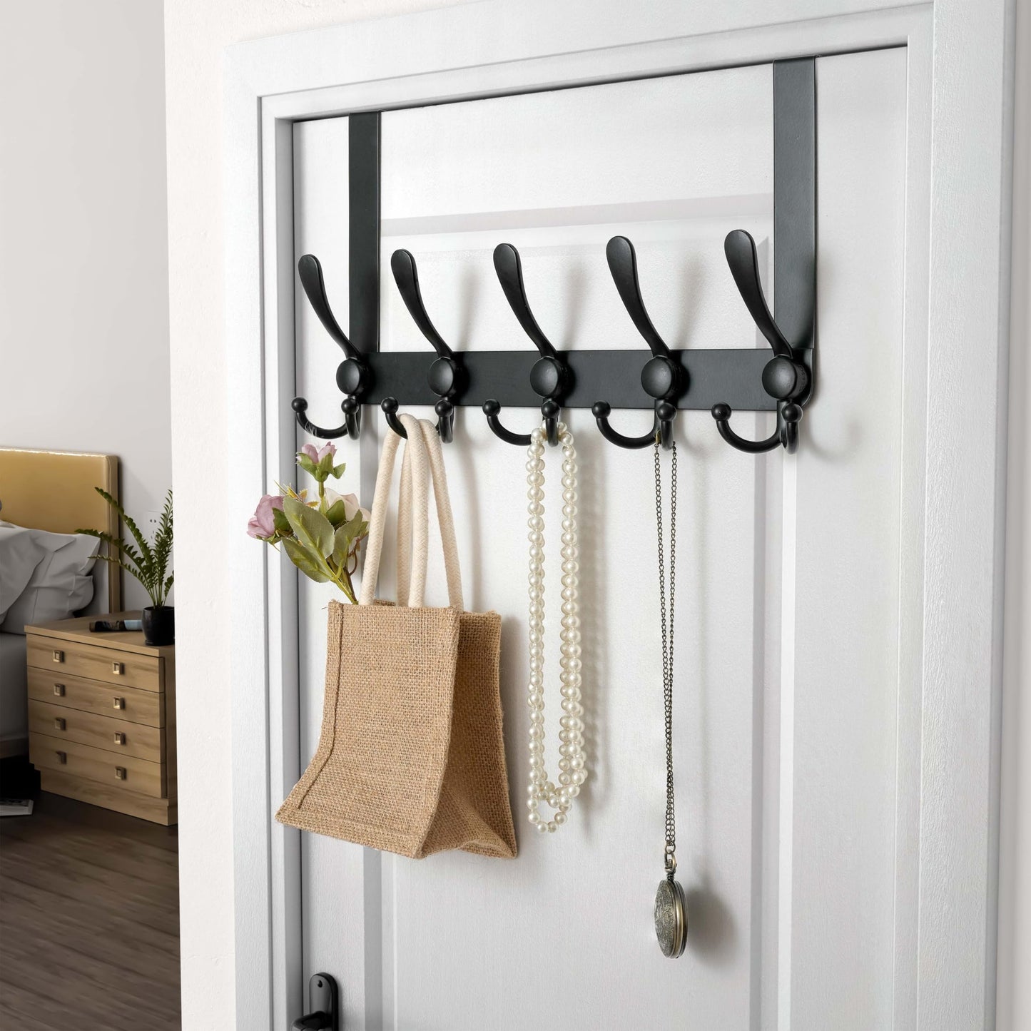 Dseap Over Door Hook 2.0 - Upgraded Version - Simple-Assembly, Strong, Heavy-Duty Stainless Steel 5-Tri-Hook Over the Door Hanger Rack, SimpleStrong Series, Black