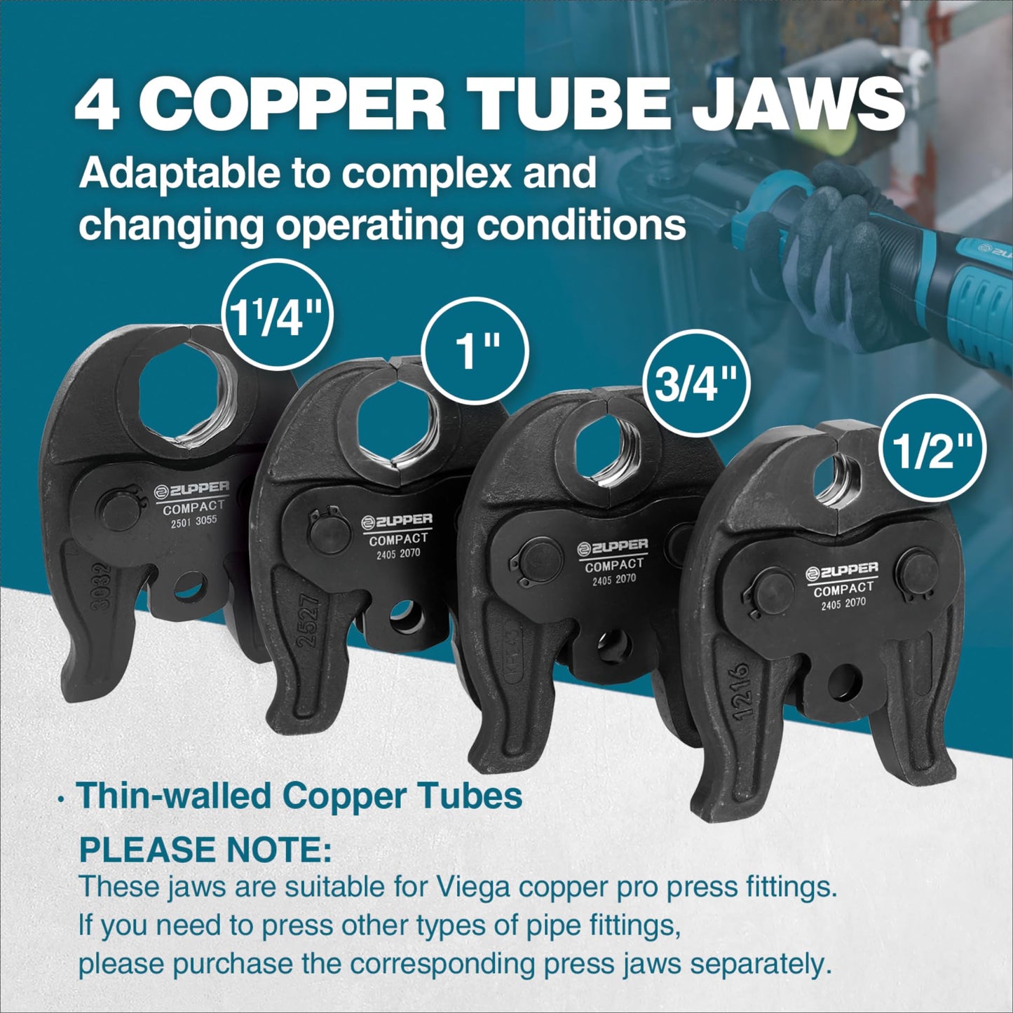 ZUPPER Press Tool, 18V Electric Pipe Crimping Tool for 1/2" to 1-1/4" Copper Pipes, Compact Press Tool Kit Suitable for Copper ProPress fittings - with Brushless Motor, 4 VUS Press Jaws, 2pcs Battery