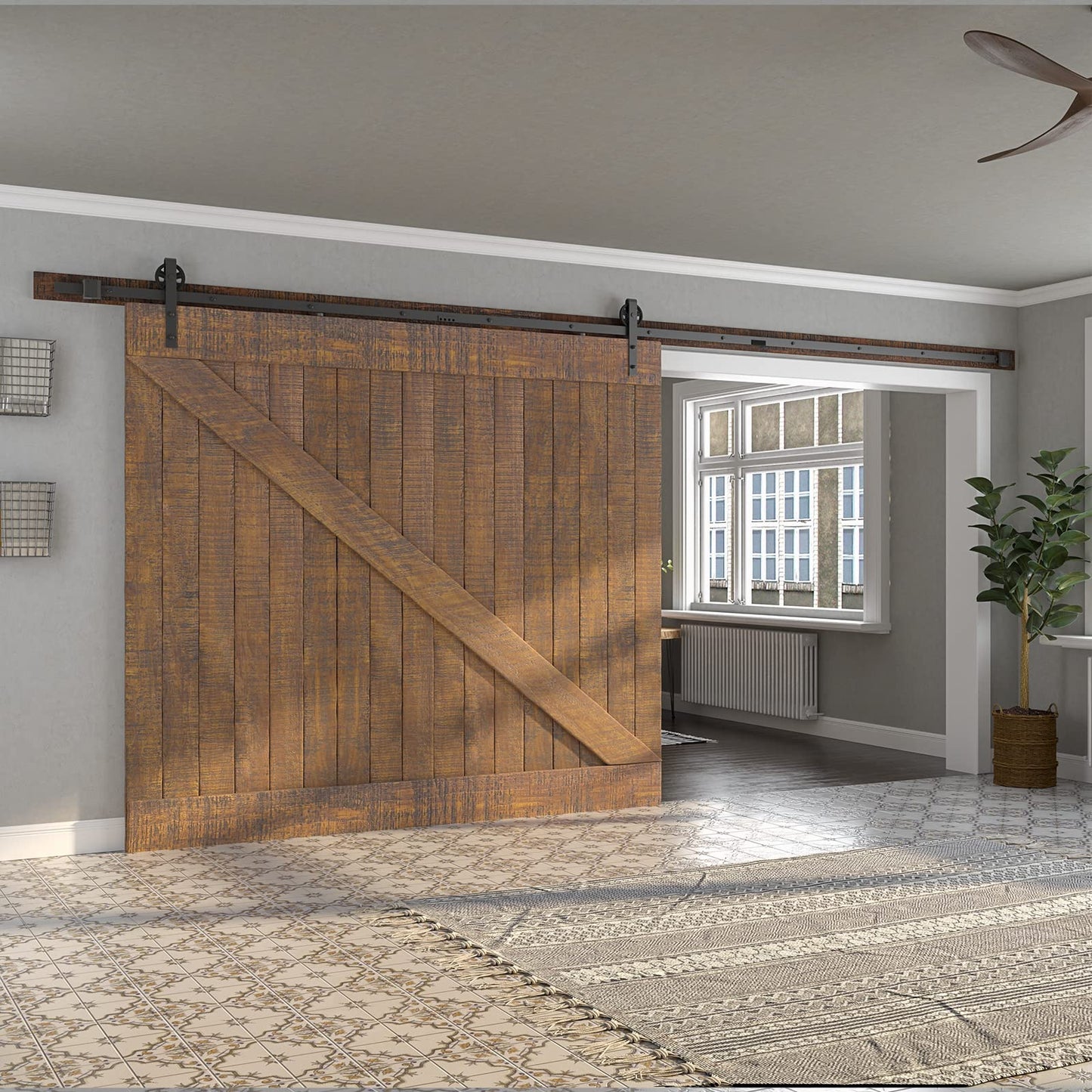 SMARTSTANDARD 16 Feet Heavy Duty Sliding Barn Hardware Kit, 4FT - 18FT, Black, Smoothly and Quietly, Simple and Easy to Install, Fit 96" Wide Door Panel (Industrial Bigwheel Hangers)