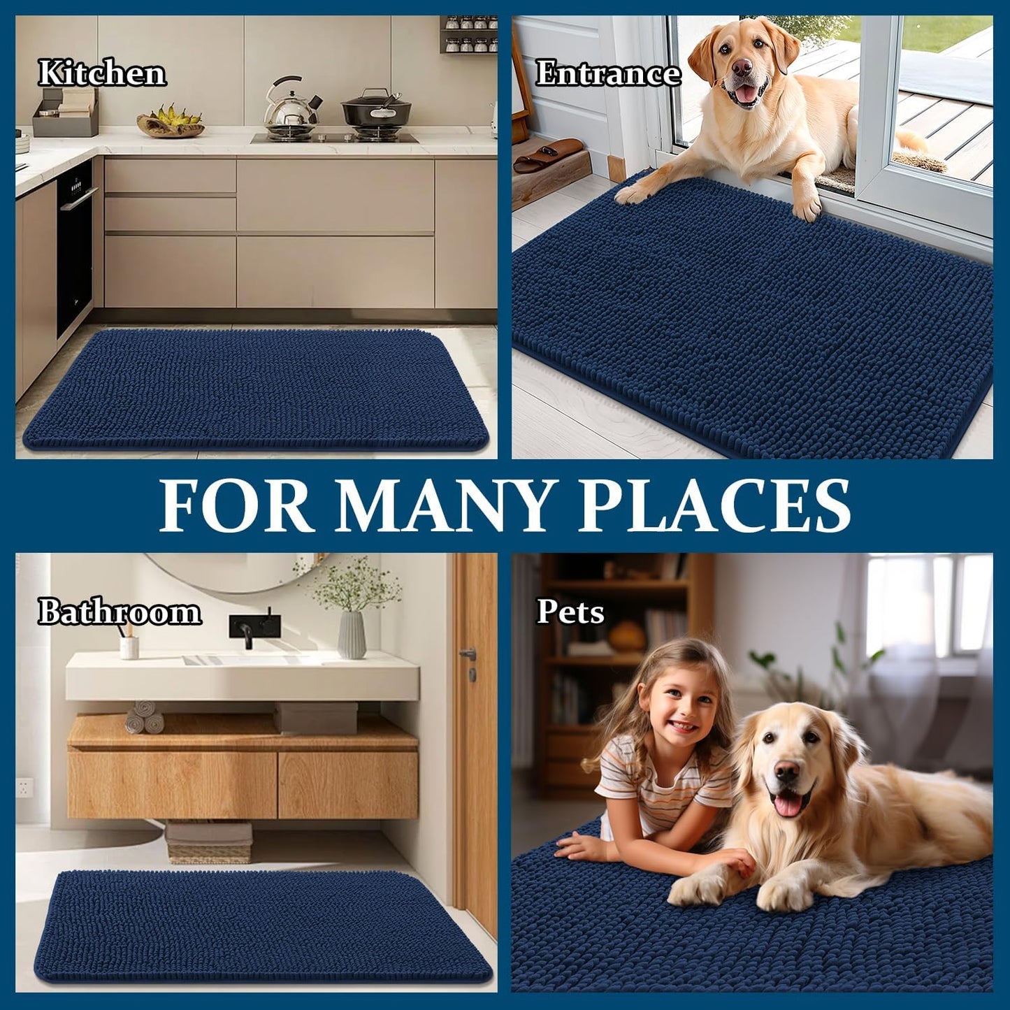 OLANLY Dog Door Mat - Absorbent Non-Slip Chenille Mat for Muddy Paws | 30x20 Dark Blue Quick Dry Doormat