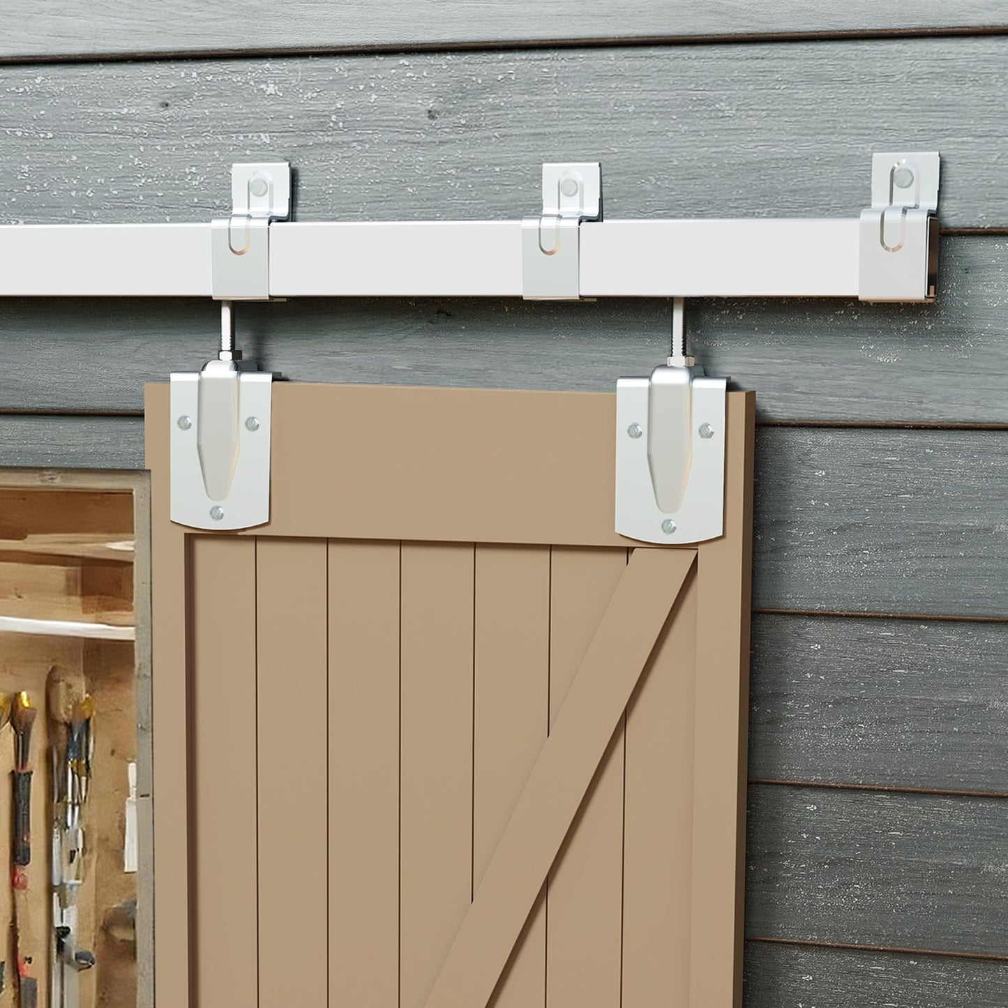 JUBEST 8FT Box Rail Exterior Barn Door Hardware Kit, Heavy-Duty Silver Sliding Barn Door Track System, Wall Mount Door Hardware Kits (Door Not Included)