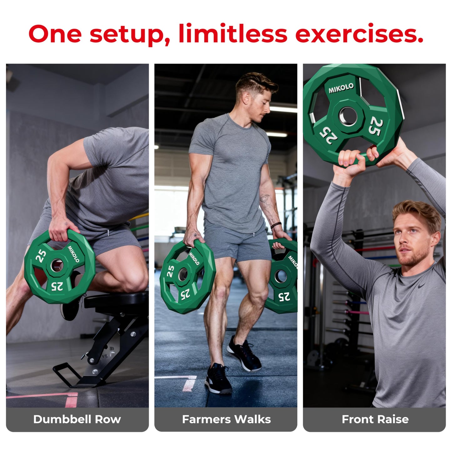 Mikolo Olympic Weights Set 2-Inch Rubber Plates, 12-Sided Non-Roll Rubber Grip with 3 Handles for Home Gym, Strength Training 5LB Pair