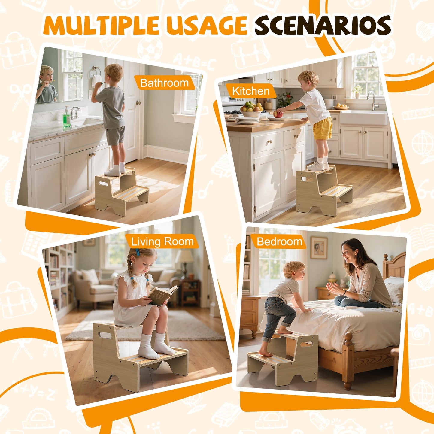 Uiirvdy Step Stool for Toddler, Sturdy Wooden 2-Step Stool with Anti-Slip Surface and Pads for Barthroom, Kitchen, Bedroom, Toilet, and Potty Training - 2 Pack