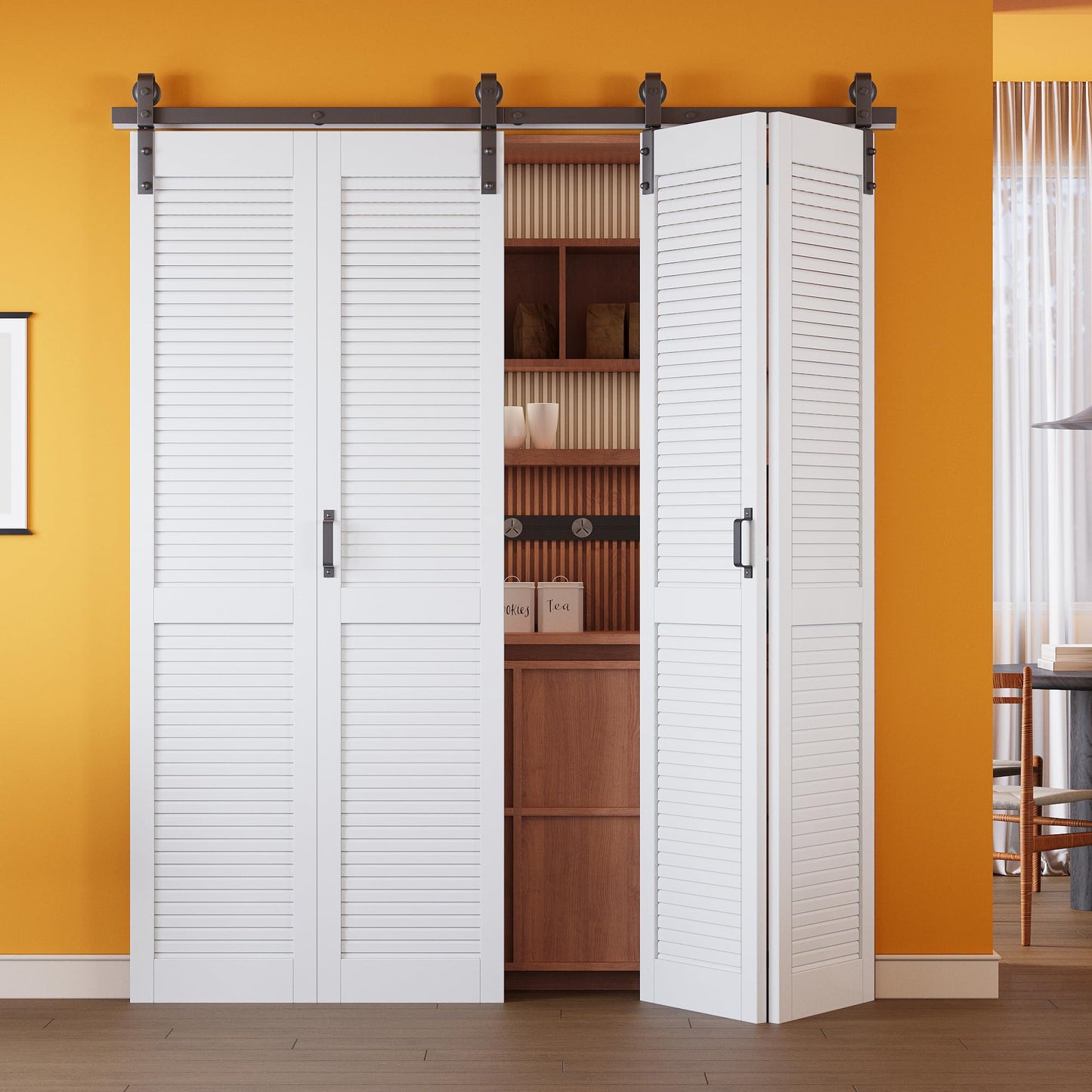 Bifold Barn Door 72" (36" x 2) x 84" and Hardware Included Handle, MDF Panel PVC Surface Bi Fold Barn Door for Closet Pantry Laundry, White Louver Bifold Sliding Closet Doors