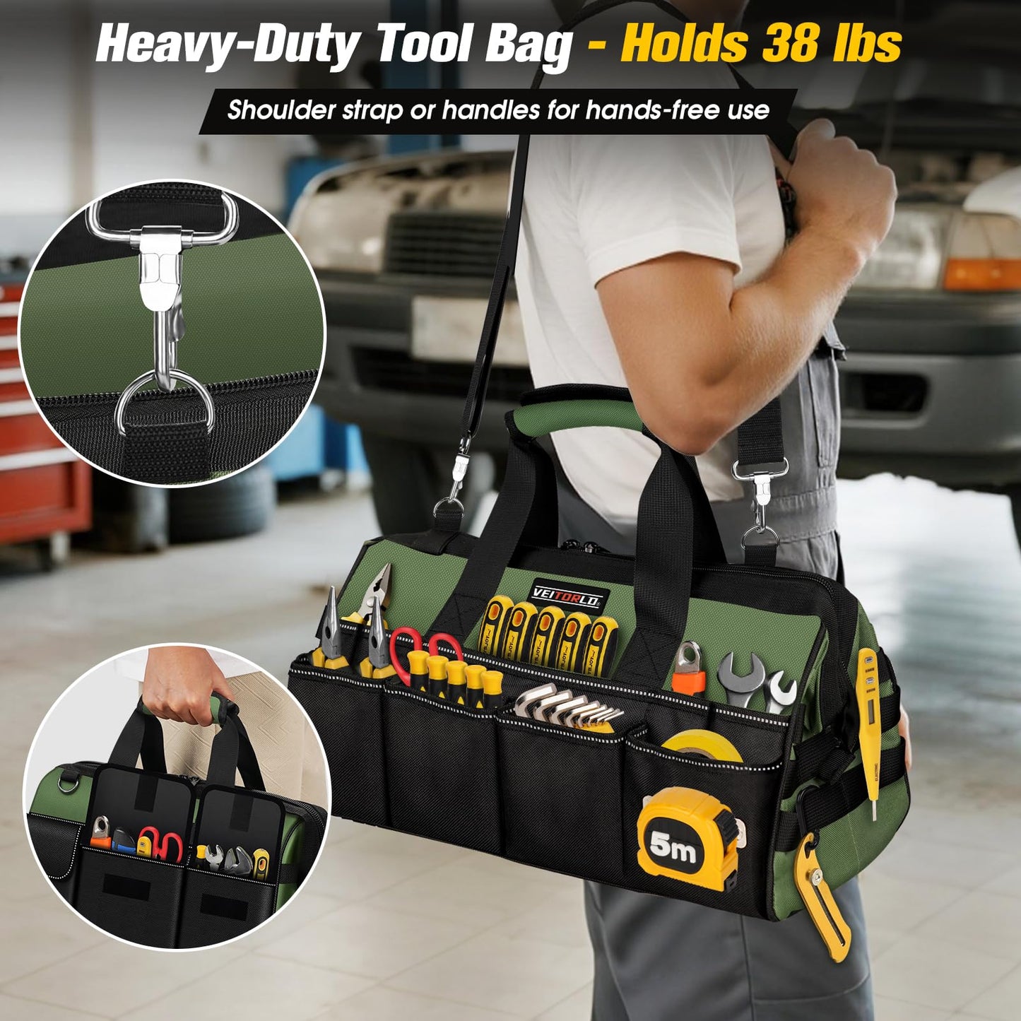 16-Inch Heavy Duty Tool Bag, 19-Pockets Tool Box Organizer, Portable Toolbag W/Soft Handle for Organized Storage, Mechanic Gifts for Men Dad Husband Fathers Day, Wide Mouth Electrician Toolbox, Green