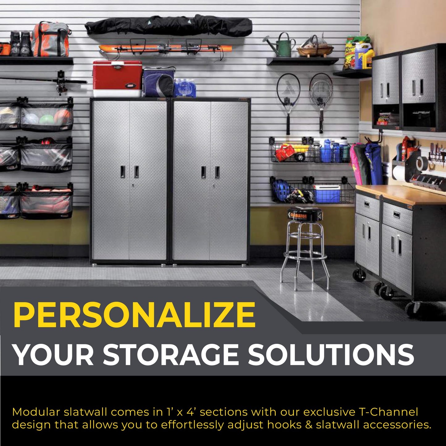 Heavy Duty 4x4 PVC Garage SlatWall Storage System (with Endcaps & Screws) - Modular Slat Wall Paneling for Garage Wall Organizer - Interlocking SlatWall Panels for Home & Commercial Use (Black)