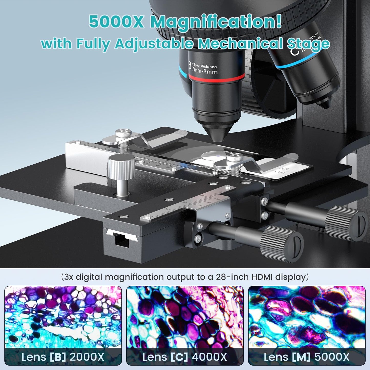 LM266S 5 Lens 7" HDMI Digital Microscope 5000X for Adults, Lab Digital Biological Microscope with Screen for Slides, Mechanical X-Y Stage, UHD 2160P Video, LCD Full View Coin Camera, PC View, 32GB