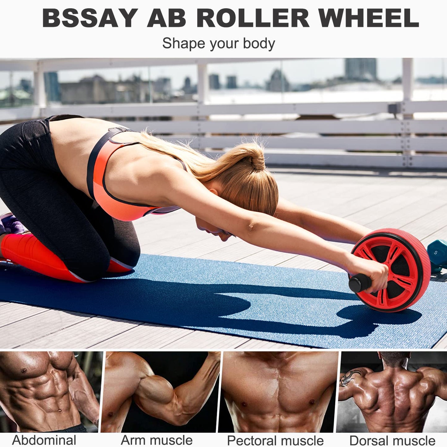 Bssay Ab Roller Wheel, Abs Workout Equipment for Abdominal & Core Strength Training, Exercise Wheels for Home Gym Fitness, Wider Ab Machine with Knee Pad Accessories Red-no resistance rope