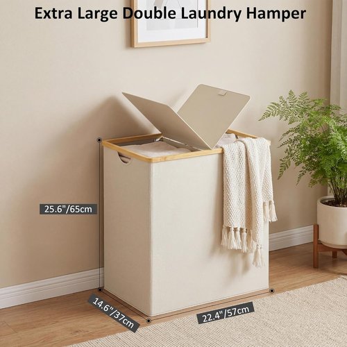 Efluky Laundry Hamper - Double 2-Section Basket with Lid & Removable Bags - 140L Beige