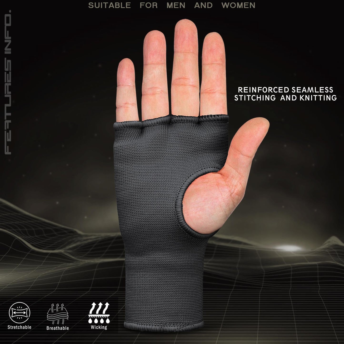 Mytra Fusion Inner Gloves Elastic Quick Easy Gel Padded Boxing Hand Wraps for Men & Women Boxing Wraps for MMA, Muay Thai, Kickboxing, Punching and Martial Arts (Black, S/M)