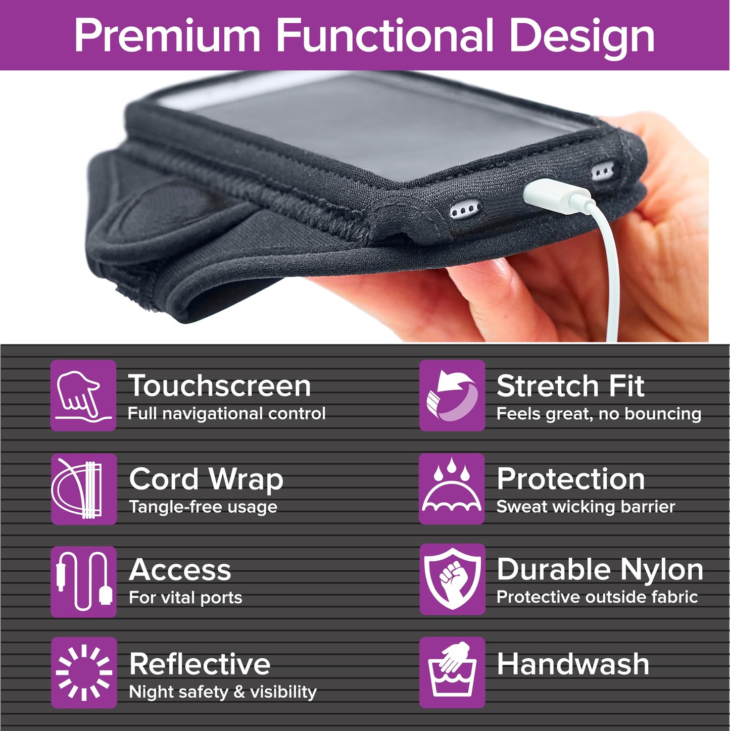 Tune Belt AB92 Cell Phone Armband for Running - Fits iPhone 17/16/15/14/13 Pro Max, Plus, Samsung Galaxy Ultra/Plus/Note and Large Phones with Protective Cases, Sweat-Resistant Exercise Holder (Black)