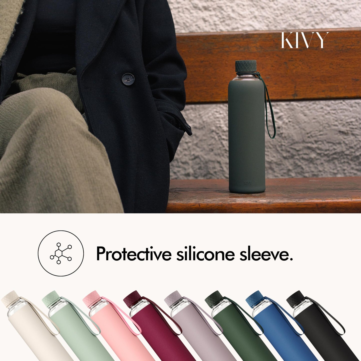 KIVY Glass Water Bottle with Silicone Sleeve 32 oz [WITH MEASUREMENT] - Borosilicate Glass Water Bottle Screw Top - Clear Bottles with Measurement Marking - Slim Waterbottle Aesthetic - Dark Green