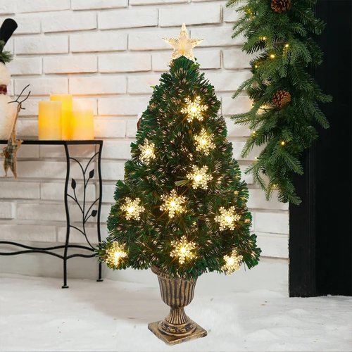 Juegoal Pre-Lit Artificial Christmas Trees - 3 FT Lighted Green Fiber Optic Entrance Trees with Gold Urn Base | 8 Lighting Modes, 110 Branch Tips for Festive Holiday Decor