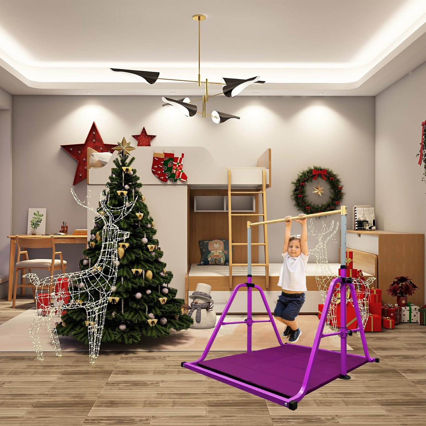 Peakpath Foldable Gymnastics Kip Bar with Mat and Ring Set,3' to 5' Height Adjustable,Kids Gymnastic Equipment for Ages 3-15,Indoor and Home Training- Max Load 350LBS
