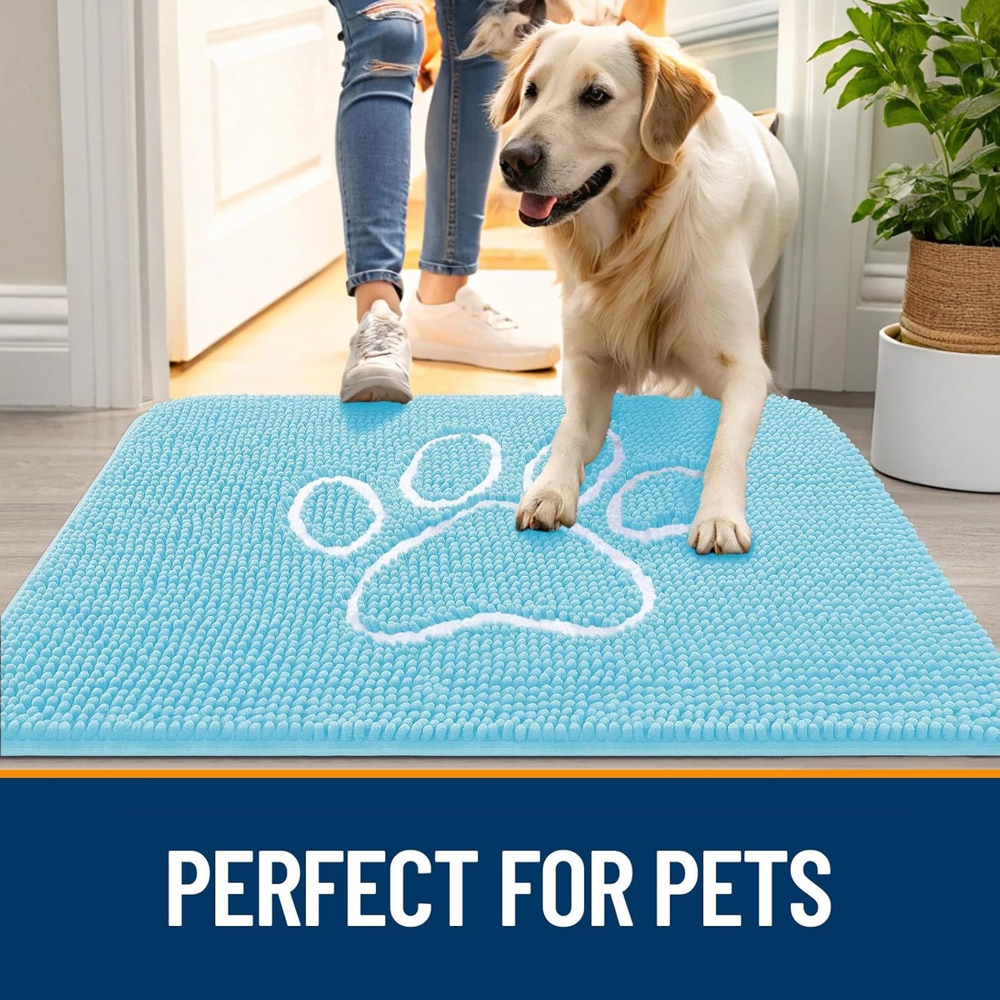 OLANLY Dog Door Mat - Absorbent Non-Slip Mud Mat for Paws | 24x16 Blue Chenille Design