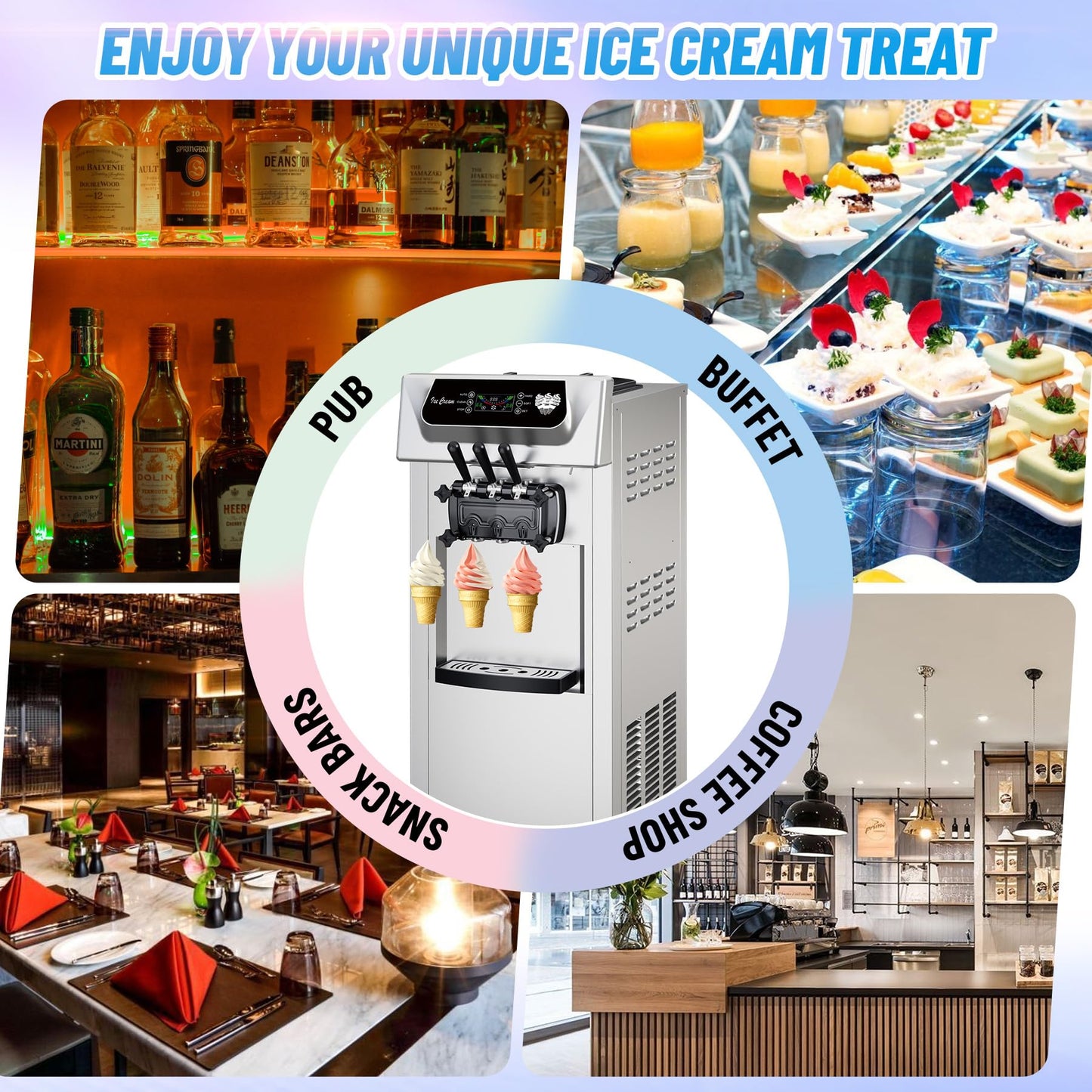 Garvee High Productivity Soft Serve Ice Cream Machine – Commercial 2+1 Flavors – 2200W – 5.8-8 Gal/Hr – LCD Display Screen – Automatic Cleaning – Ideal for Restaurants, Snack Bars, Ice Cream Shops,