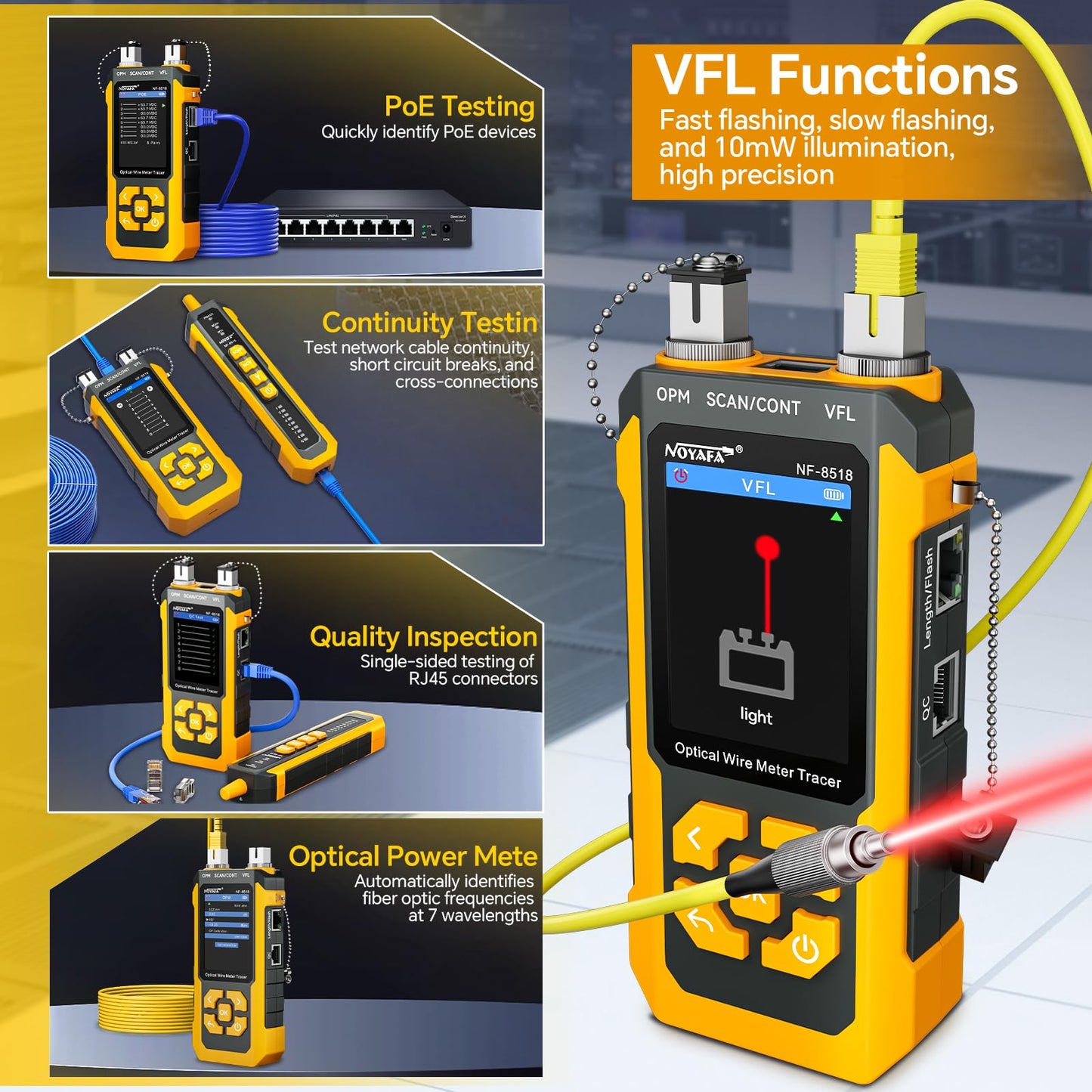 NOYAFA NF-8518 Network Cable Tester with Optical Power Meter, Ethernet Cable Tester, CAT6 Cable Tracker, VFL PoE QC Port Flicker, Length Testing, Fiber Optic Fault Locator, Telephone Line Tracker