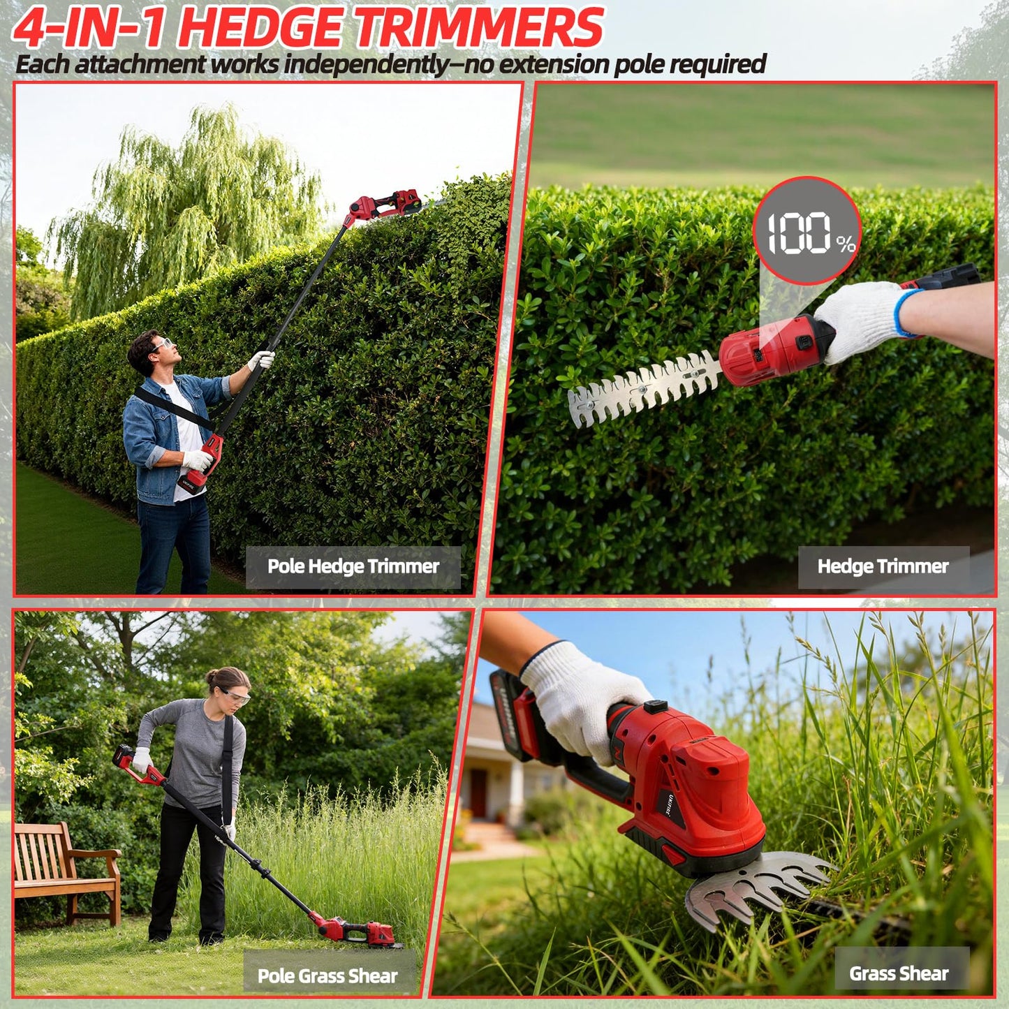 4-in-1 Electric Pole Hedge Trimmer, Cordless Bush Trimmer & Grass Shear with Extension Pole, 4.0Ah Battery & LCD Display, 180° Adjustable Angle, 16 Ft Reach, Powerful Branches Cutter for Tree