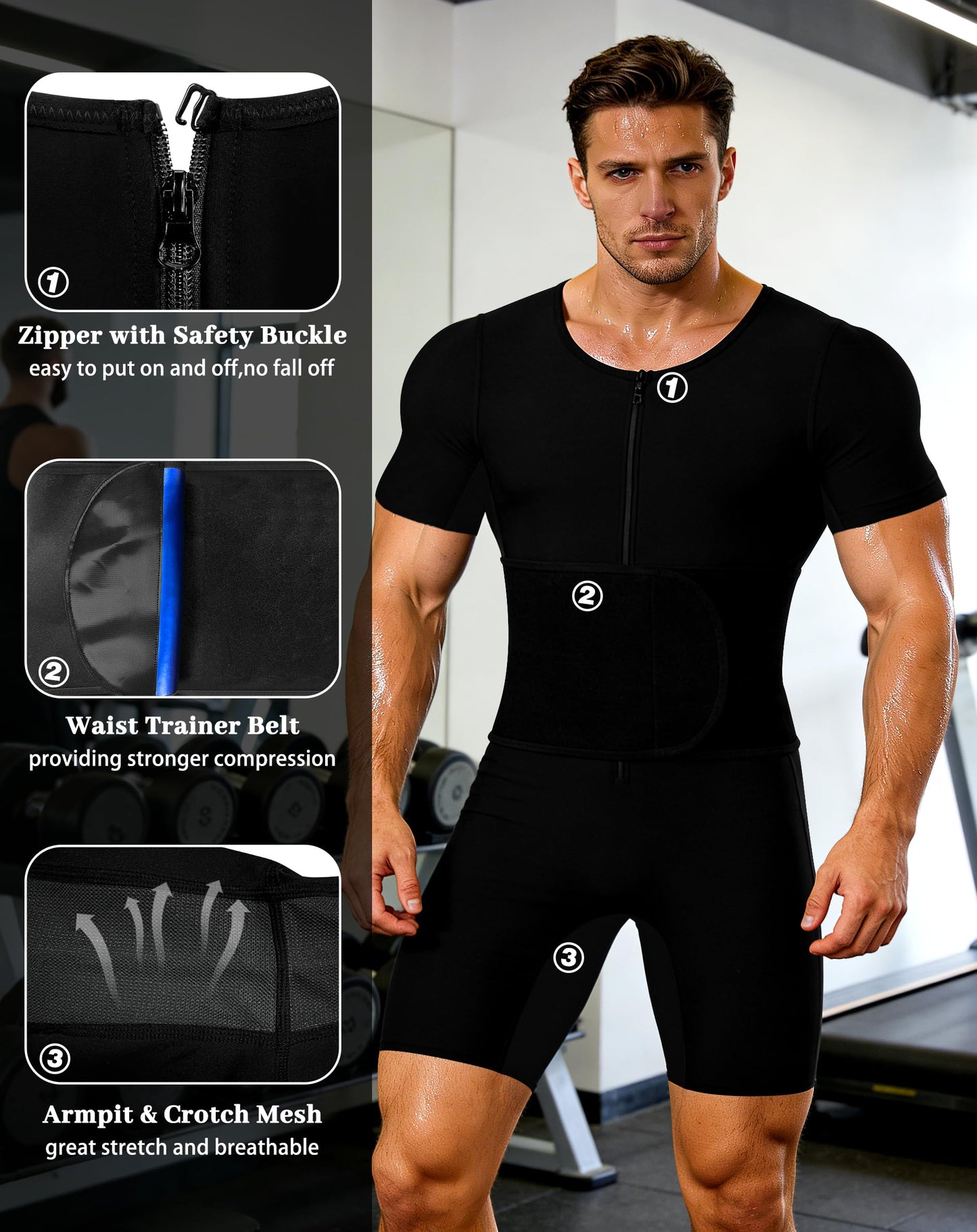 QZSH Sauna Suit for Men Sweat Jumpsuit Full Body Heat Trapping Slimming Shirt for Working out(70029-01-S)