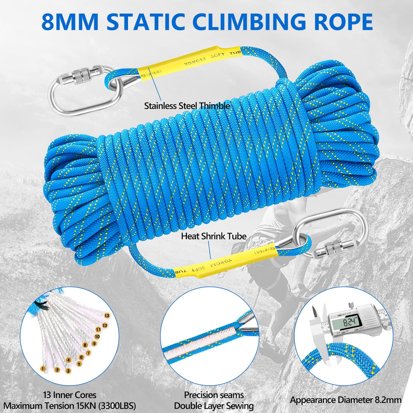 NTR Orange/Black/Blue Climbing Rope 10M(32ft) 20M(64ft) 30M(96ft) 50M(160ft), 8MM Static Rock Climbing Rope with 2 Steel Hooks, Rappelling Rope for Outdoor, Hiking Safety Escape Rope, Rescue Parachute