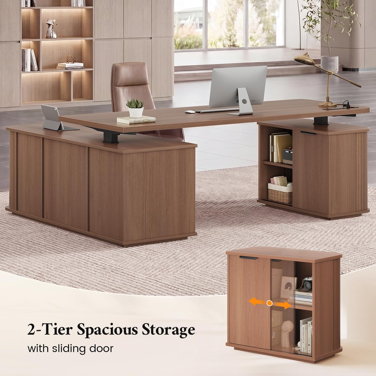 L Shaped Electric Standing Desk, 55.1" x 47.2" Height Adjustable Office Executive Desk with File Drawer & Sliding Door, Standing Computer Desks with Power Outlet & Cabinets, for Home Office, Walnut