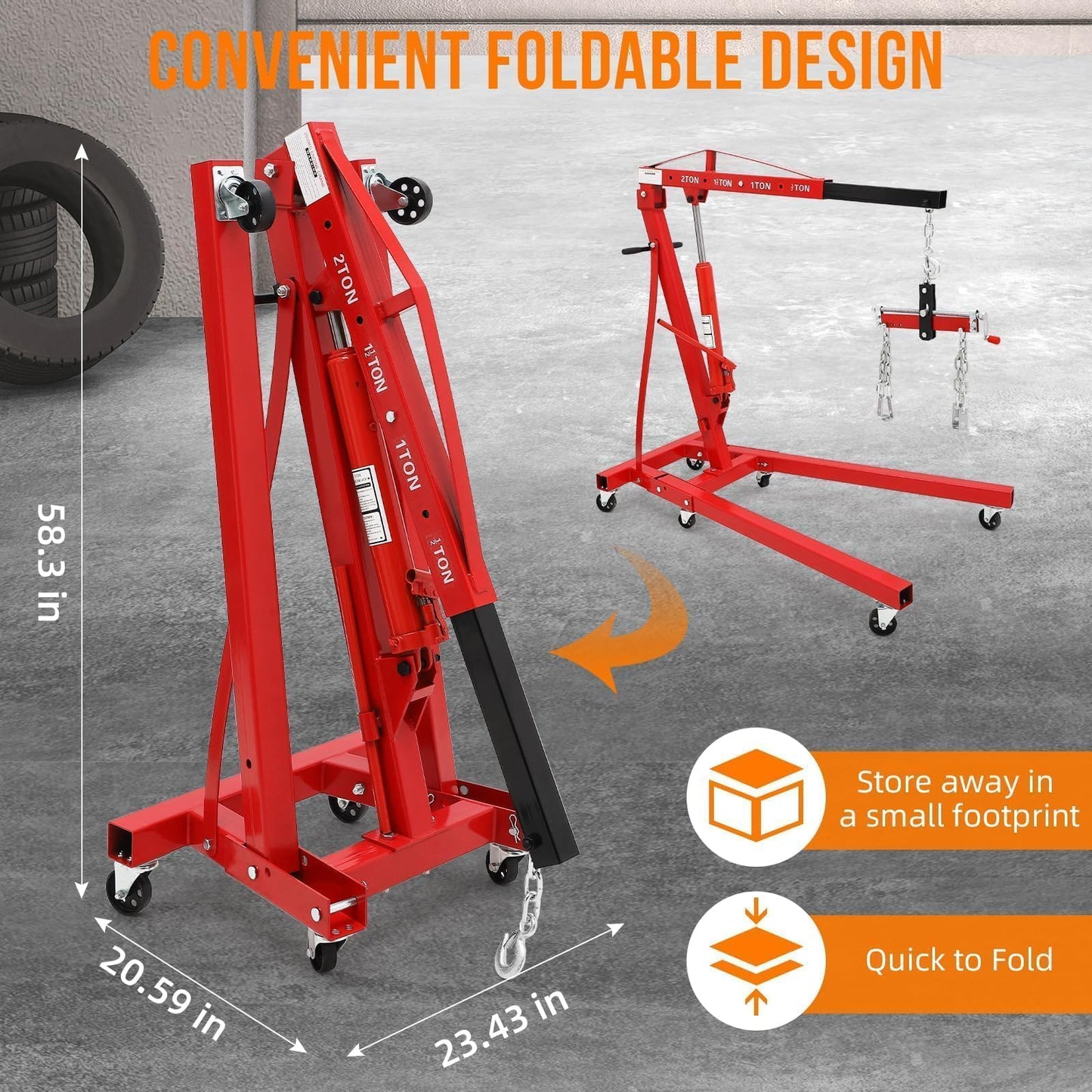 2 Ton Folding Hydraulic Engine Hoist Cherry Picker, 4400 Lbs Capacity, Adjustable Telescoping Boom, Heavy Duty Shop Crane with Load Leveler & 6 Swivel Wheels, for Garage Workshop Warehouse Automotive