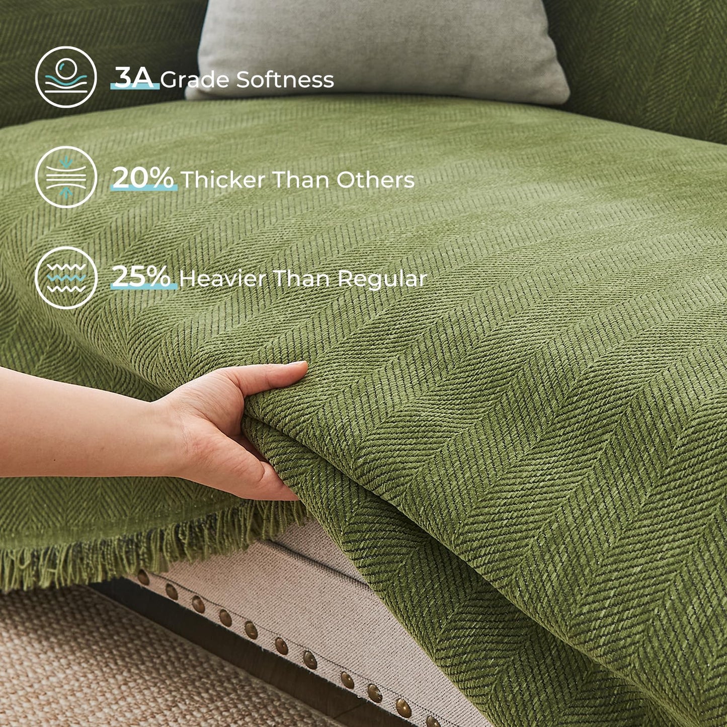 CAPALOCA Sectional Couch Covers 2 Pieces, L Shaped Couch Cover with Herringbone Pattern Chenille Sectional Cover Washable Sofa Slipcovers (X-Large: 71" x 110" + 71" x 118", Green)