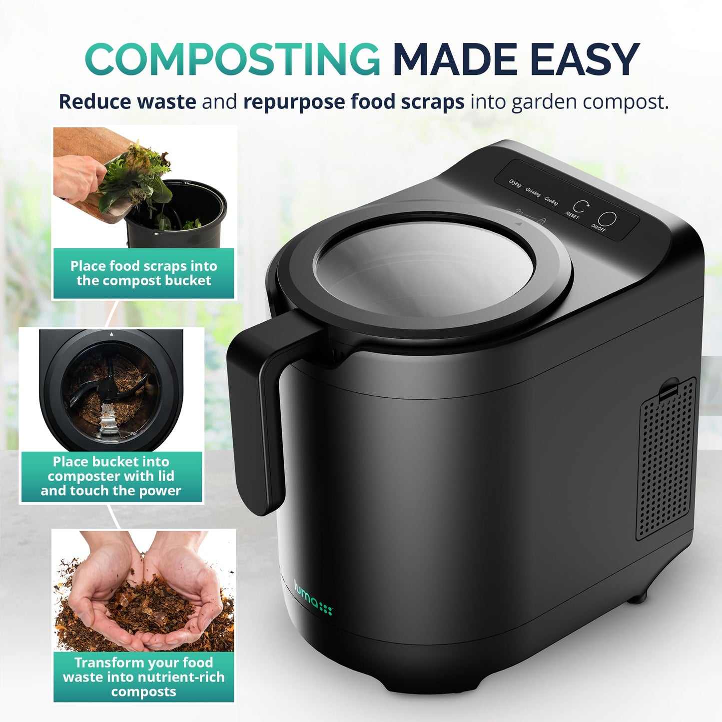 Luma® by Newair Electric Composter for Kitchen | 2.5L Odorless Kitchen Composter | Dishwasher Safe Indoor Compost Machine | 90% Volume Reduction in 3-6 Hours