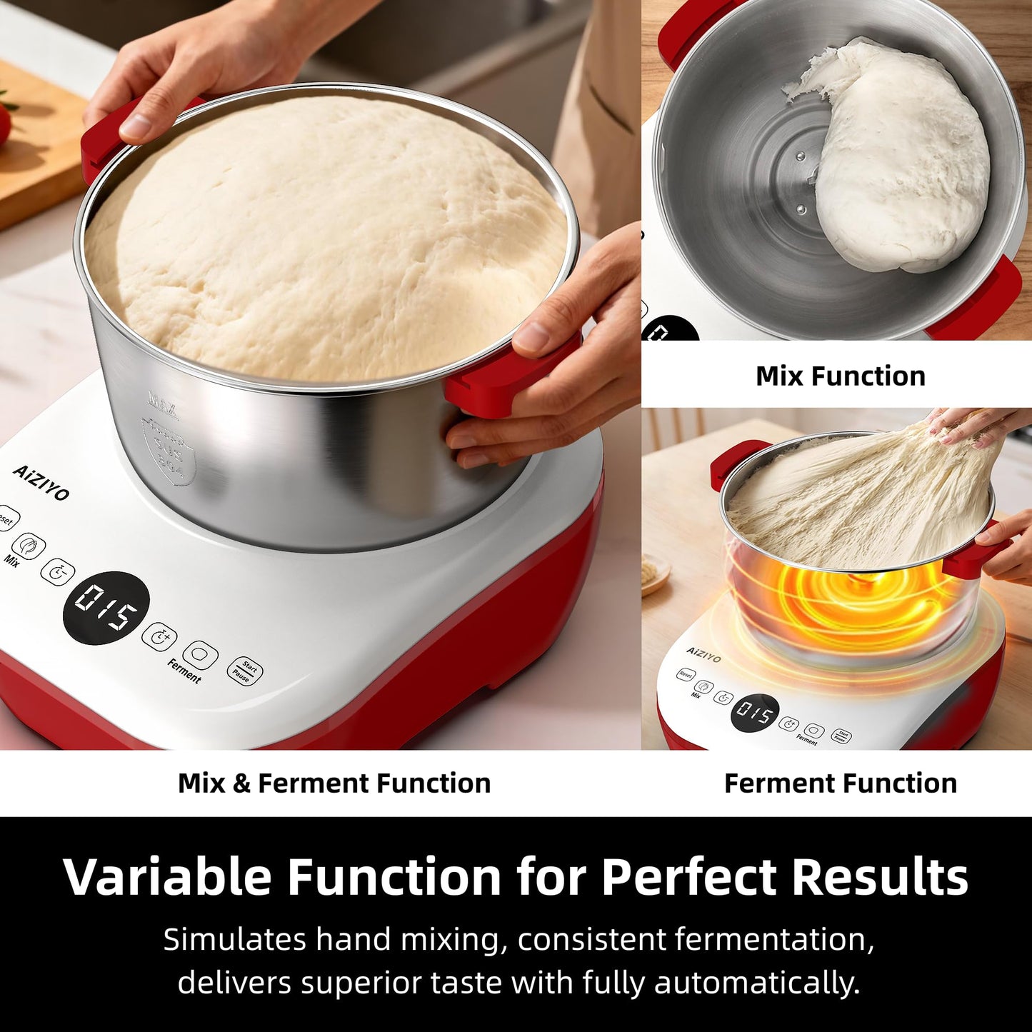 AIZIYO DoughChief, 7.4QT Dough Mixer, Dough Maker with Ferment Function, Bread Maker with 304 Stainless Steel Bowl, Removeable lid, Touch Panel Control, Proofing Box for Pizza & Bread