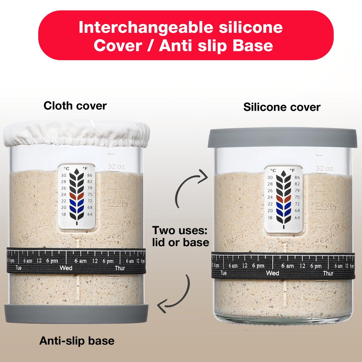 2 Pack Premium Pro Sourdough Starter Jar Kit - 40oz Large Wide Mouth Sourdough Bread Jar with Marked Feeding Band, Thermometer, Scraper, Cloth Cover & Silicone Lid/Base, Glass Container, Baking Supply