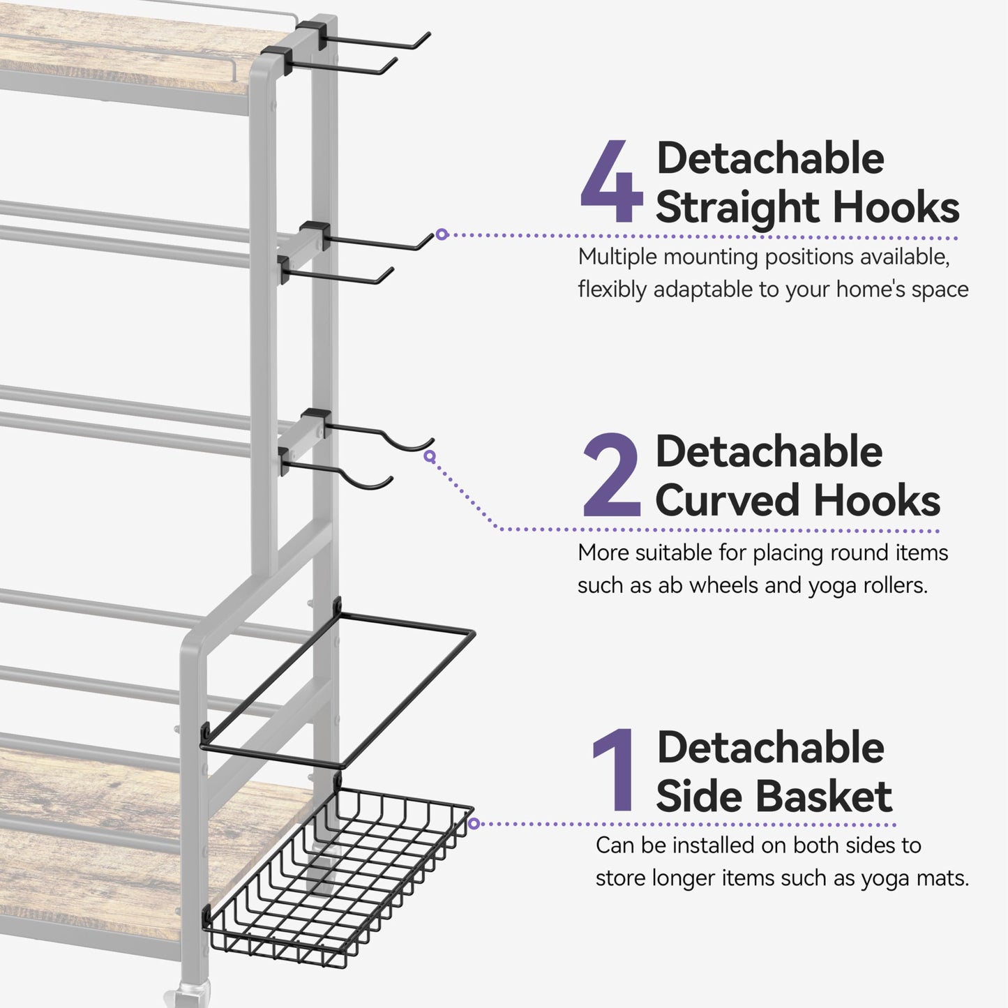 Dumbbell Rack with Wheels, 3-Tier Home Gym Storage Rack, Workout Equipment Organizer with Lockable Casters, Hooks, Side Basket and Wood Shelves