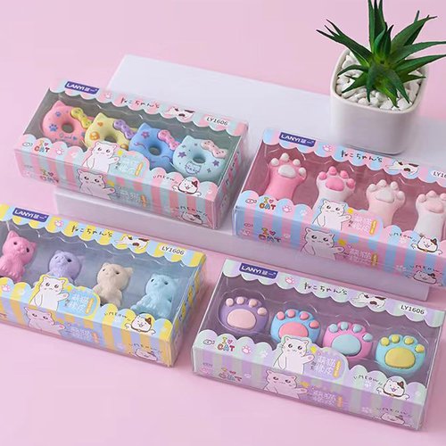 4 Pieces Cute Cat Shape Erasers - Fun Stationery Set | Durable and Adorable Design