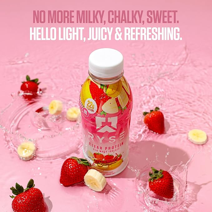 RYSE Clear Protein Shake - Strawberry Banana - 100 Calories, 22g Whey Isolate Protein, Sugar-Free, 0g Fat & Lactose-Free - Refreshing Ready-to-Drink Beverage - 16.9 fl oz Bottles (12-Pack)