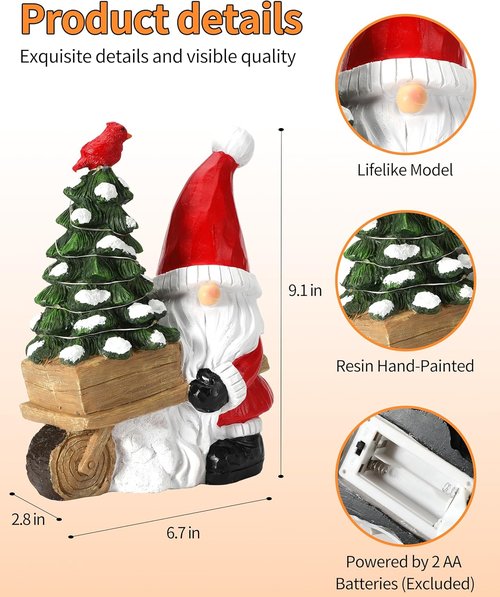 iStatue Santa Gnome Figurine - Lighted Mini Christmas Tree & Cardinal Decorations - 9.5 Inch Holiday Decor