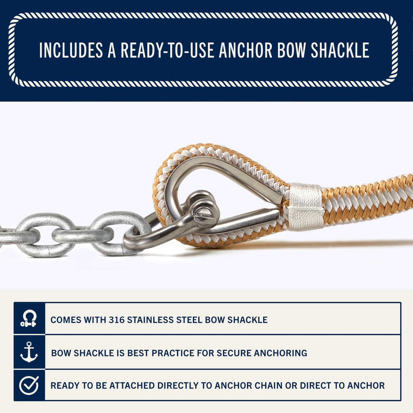 RainierSupplyCo Boat Anchor Rope - Double Braided Marine Rope Anchor Line - 100 ft x 3/8 Inch Nylon Boating Line with 316 Stainless Steel Thimble and Heavy Duty Marine Grade Bow Shackle - White/Gold