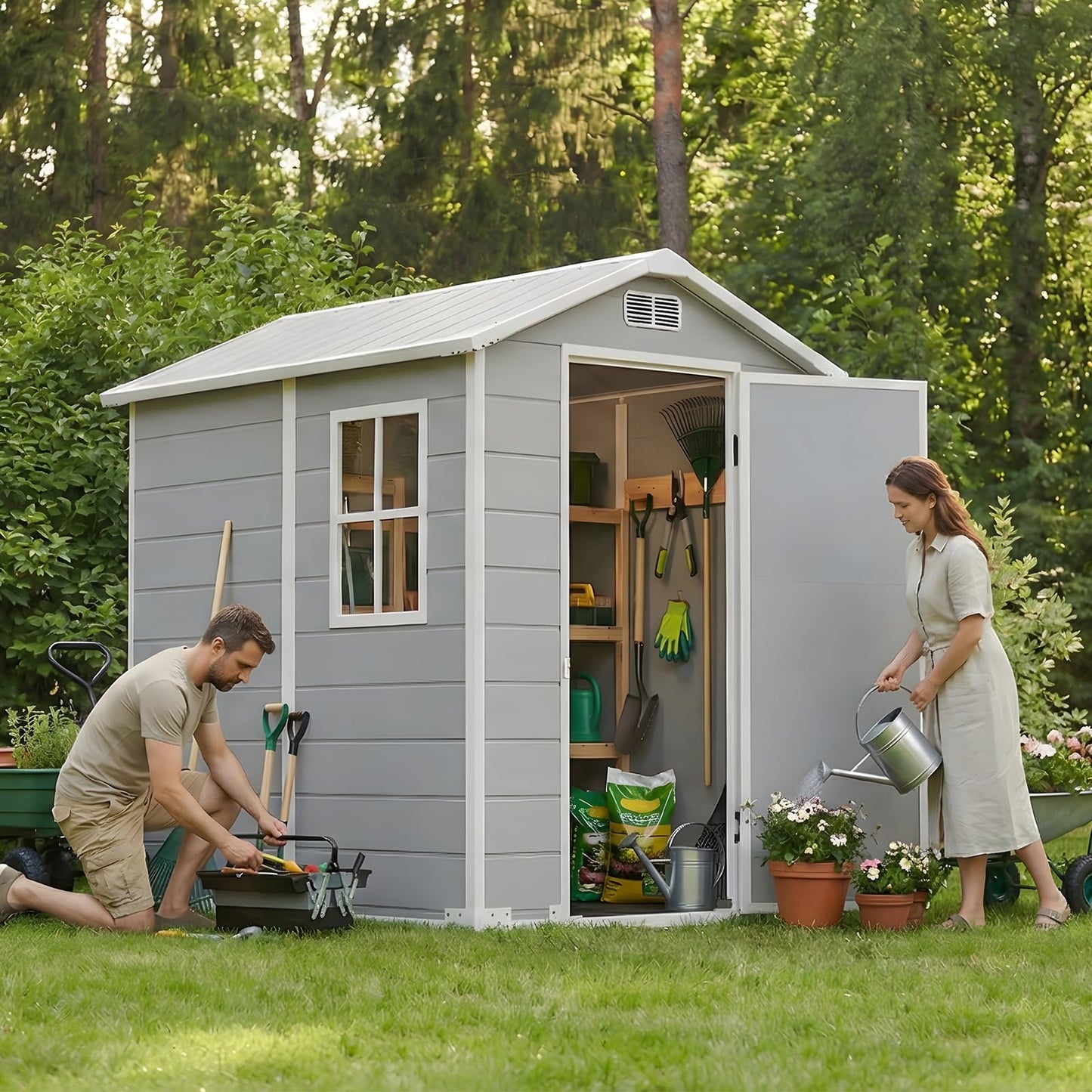 4x6 FT Outdoor Storage Shed with Floor & Window, All-Weather Resin Garden Tool Shed, Waterproof Plastic Garden Shed with Lockable Door, Vents & Roof Rainwater Drainage for Backyard, Garden, Poolside