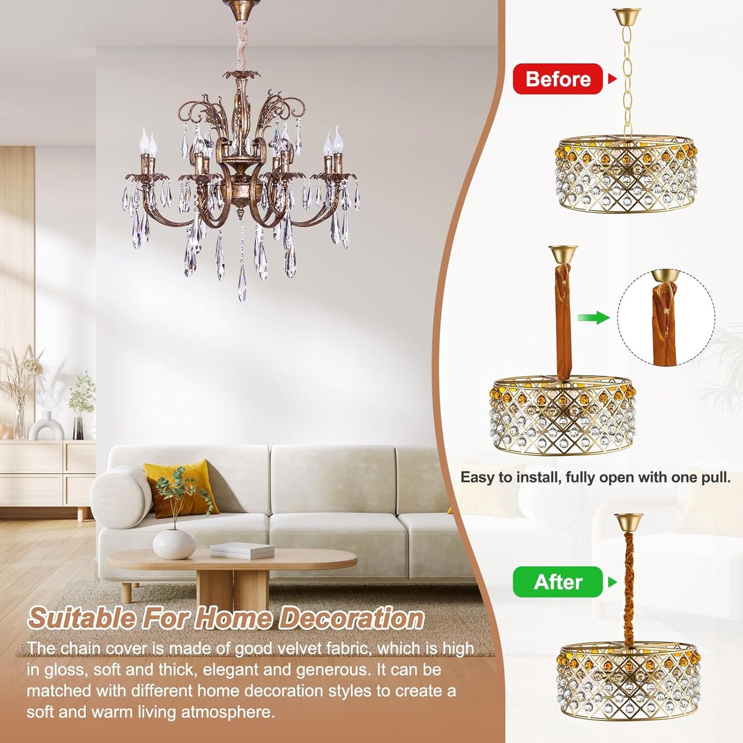 2ft 2 PATIKIL Chandelier Chain Cord Cover, Pcs Velvet Cloth Fabric Chain Sleeve Decorative Cord Covers for Chandelier