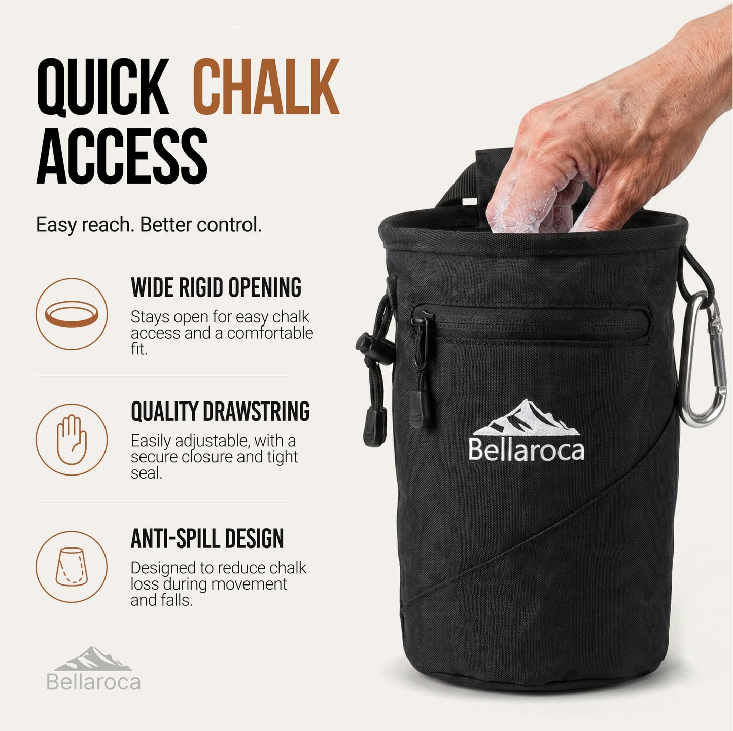 BELLAROCA® Climbing Chalk Bag with Waist Belt and Carabiner – Rigid Rim, Fleece Lining and Anti-Spill Drawstring Chalk Pouch for Rock Climbing and Bouldering