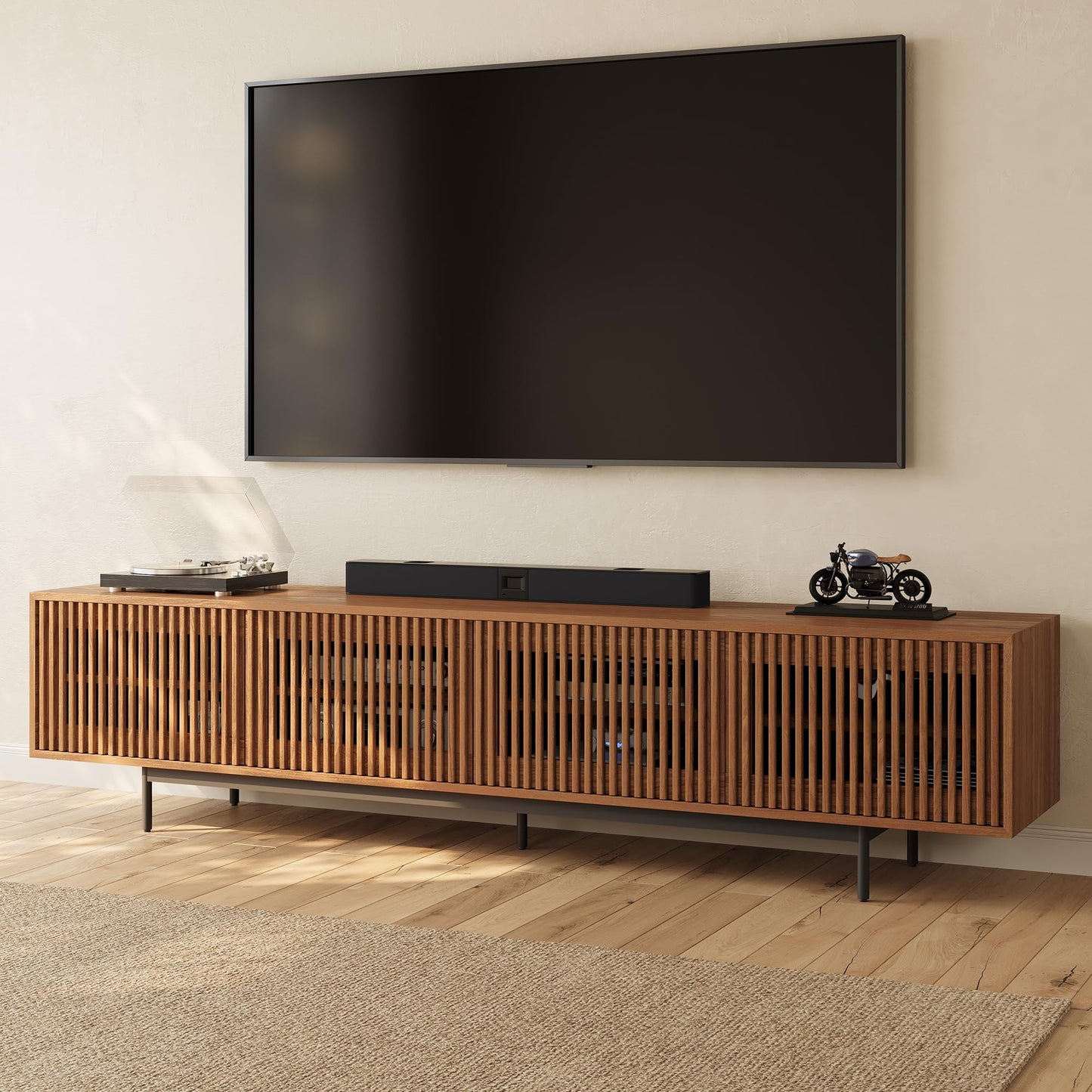 POVISON Mid-Century Modern TV Stand with Slatted Doors, Fully Assembled 94.49" Wood Media Console, TV Console with Tall-cast Metal Legs, Entertainment Center with Storage for Living Room