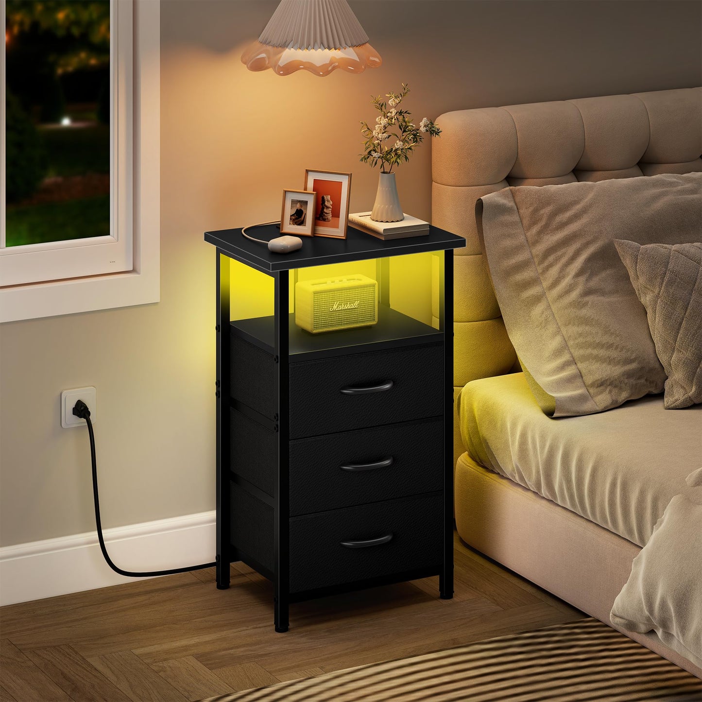 Vagusicc Night Stand Set 2 with Charging Station, LED Nightstand for Bedroom, Bedside Table with 3 Fabric Drawers, End Table Side Table with USB Ports & Outlets, Bed Side Table for Bedroom, Black