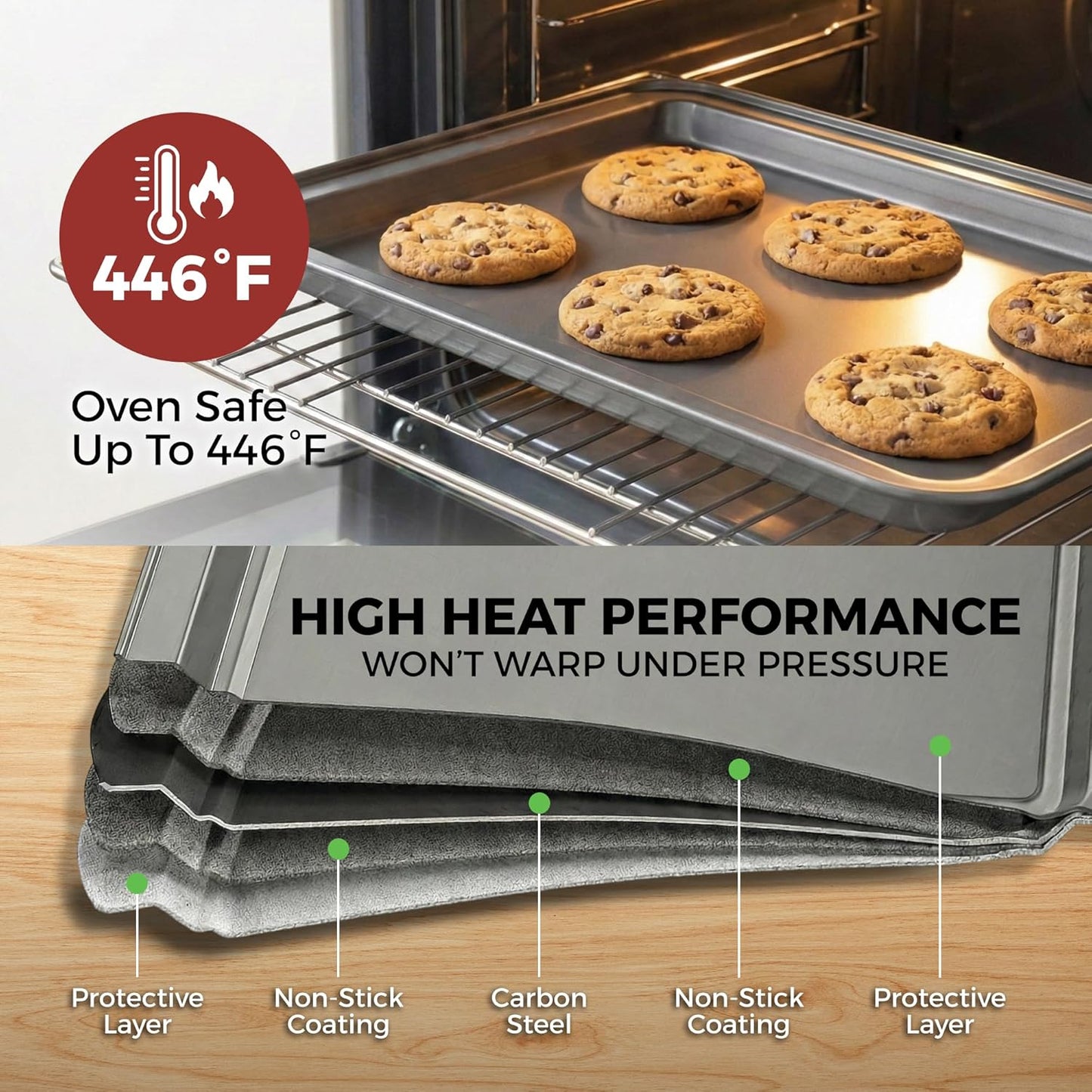 PERLLI Non-Stick Baking Pan Set - 3-Piece Carbon Steel for Even Heat Distribution | Oven Safe to 446°F, BPA-Free, Dishwasher Safe - Gray