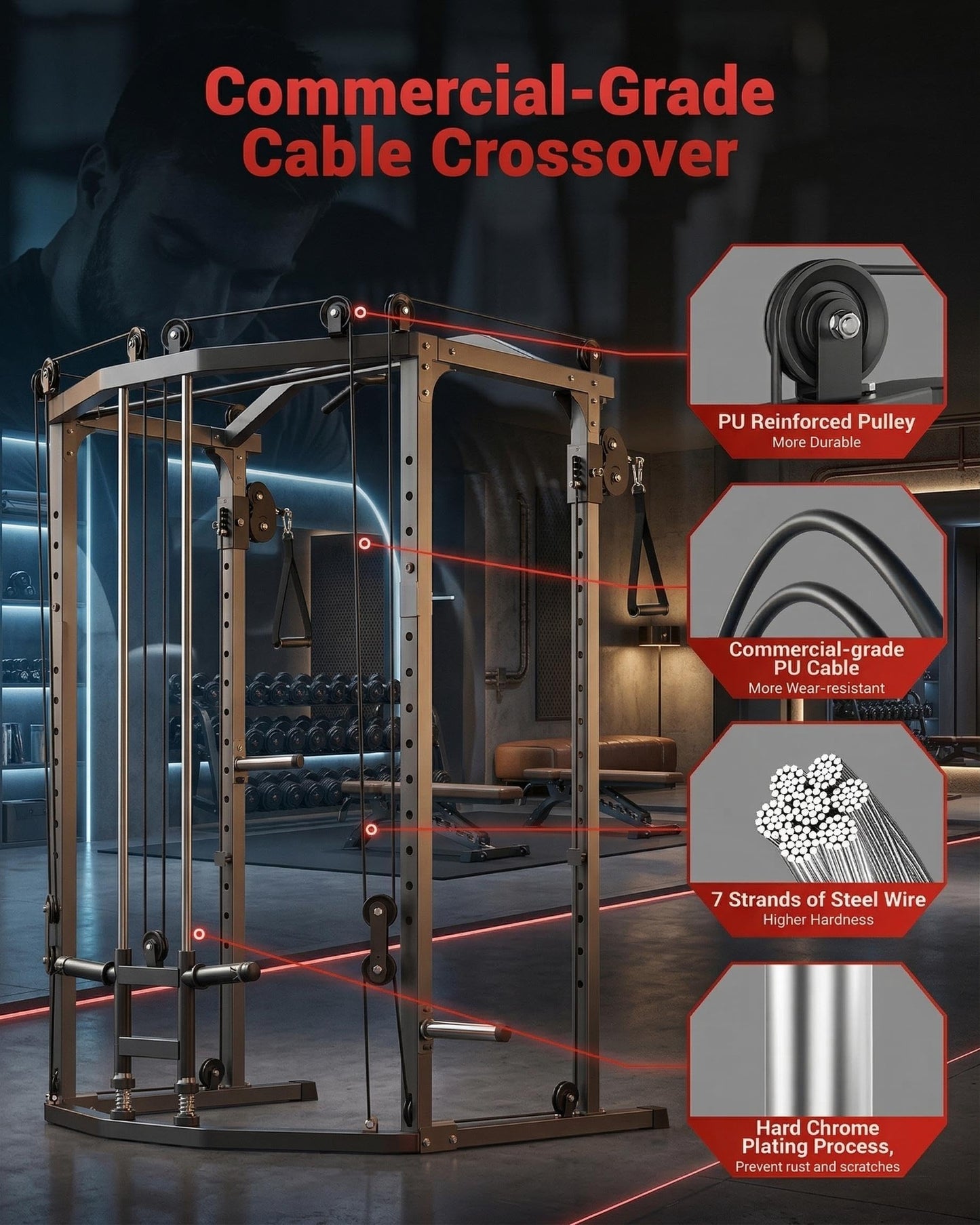 Garvee Power Cage with Cable Crossover System, 1600 Lb Capacity Carbon Steel Power Rack for Home Gym with LAT Pulldown Pulley System, j-Hooks, Dip Handles, Landmine Attachment