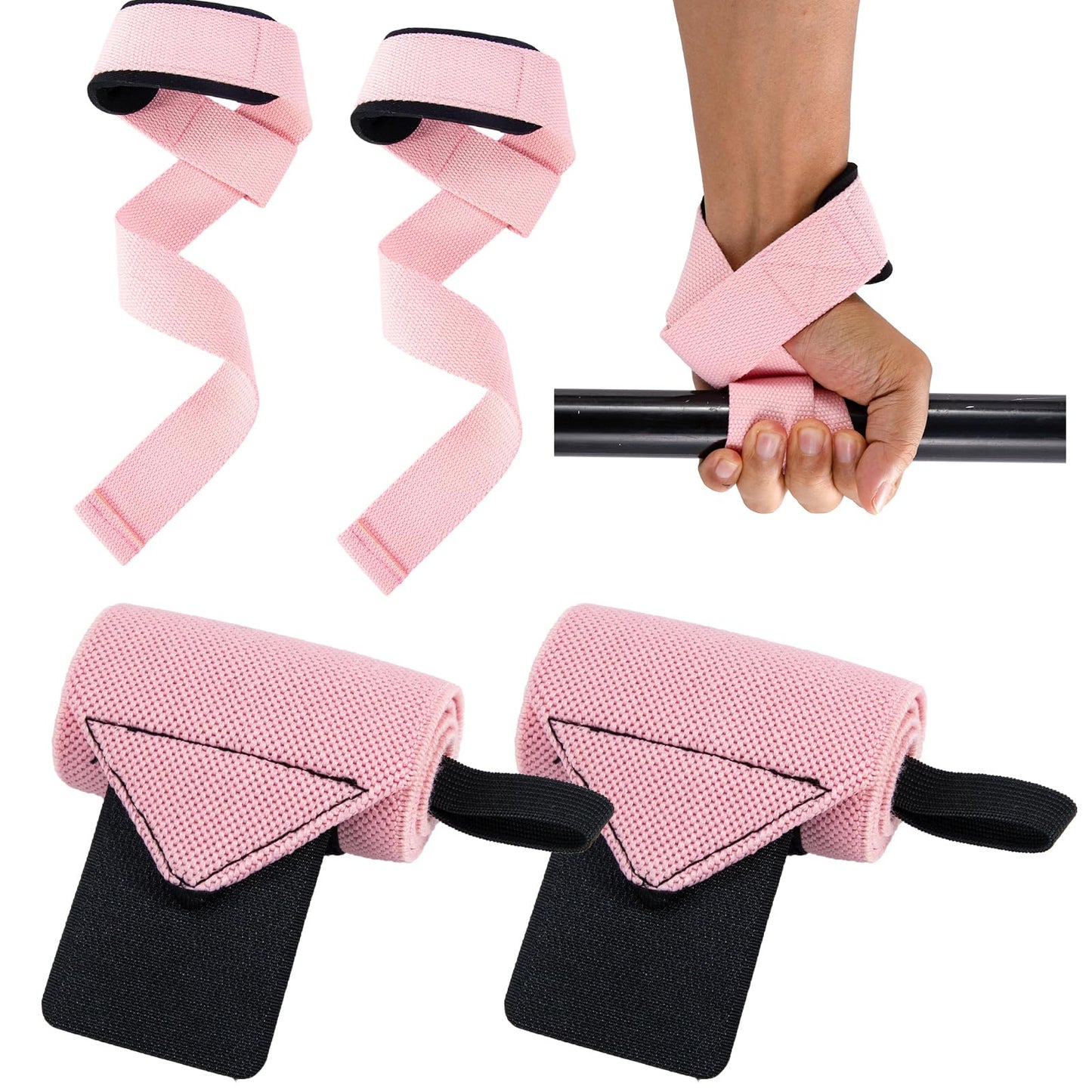 Wrist Straps for Weightlifting, 2 Pair Gym Pink Lifting Straps with Neoprene Padded Wrist Cushion, Weight Lifting Straps for Women Men, Deadlifts, Bodybuilding and Strength Training